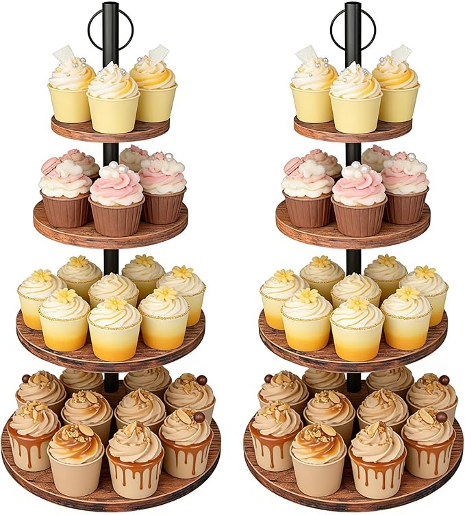 Cupcake Stand, 2 Pack Rustic Wood Cake Stand, 4 Tier Cupcake Tower Round Tiered Tray Stand for Dessert Table Display, Industrial Wooden Serving Stand Wedding, Graduation and Baby Shower