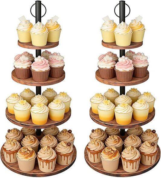 Cupcake Stand, 2 Pack Rustic Wood Cake Stand, 4 Tier Cupcake Tower Round Tiered Tray Stand for Dessert Table Display, Industrial Wooden Serving Stand Wedding, Graduation and Baby Shower