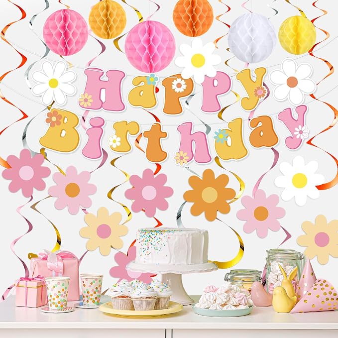 Pasimy Groovy Party Decorations Daisy Birthday Banner Garland Boho Flower Happy Birthday Decor Retro Hippie Hanging Swirls Streamer Groovy Honeycomb Balls Dot Garland Banner for Boho Party Supplies