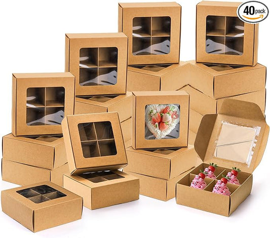 Eorbow 40 Pack Brown Bakery Boxes with Window and Dividers, 6 x 6 Inch Mini Pastry Boxes with 4 Compartments, Kraft Treats Gift Boxes with Inserts, Cupcake Packaging Containers for Pastries Biscuits