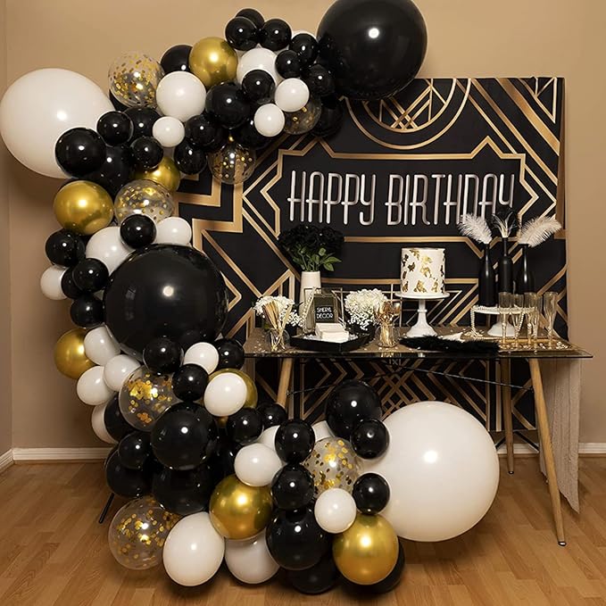 PartyWoo Black Gold and White Balloons, 140 pcs Black White and Metallic Gold Balloons Different Sizes Pack of 18 Inch 12 Inch 10 Inch 5 Inch for Balloon Garland or Arch as Birthday Party Decorations