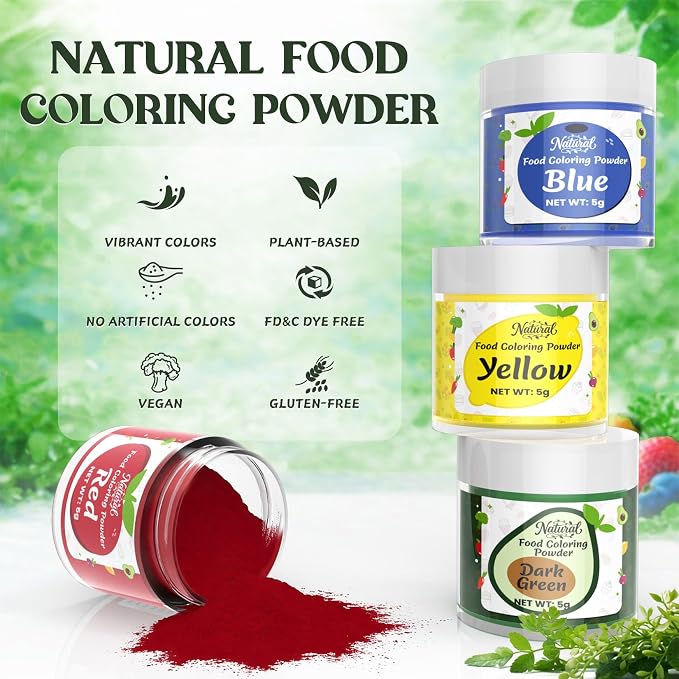 Natural Food Coloring Powder - 4 Colors Plant Based Natural Food Dye Powder, No FD&C & Artificial Dyes, Non-Toxic, Dye Free Food Coloring Powder for Baking, Frosting, Cake, Icing, Fondant, Cookies - 5g/Bottles