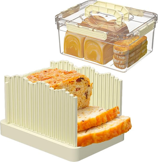 Sorgion 2-in-1 bread slicer and storage box with handle - plastic bread boxes for fresh keeping food storage containers with lids airtight for cake buns，Beige