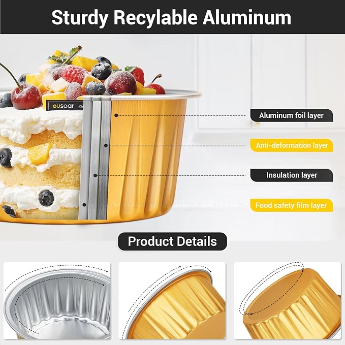 EUSOAR Disposable Ramekins Aluminum Foil, Gold 25Packs 5oz Baking Cups with Lids Mini Muffin Liners, Dessert Cheesecake Pan Oven Safe Creme Brulee Cupcake Containers for Catering Club Wedding Party