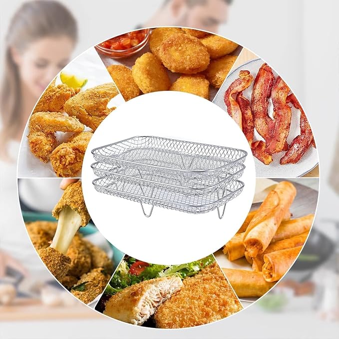 3 Layer Rectangle Air Fryer Rack Roasting Rack Fryer Cooling Tray Stackable Dehydrator Racks Rectangle Airfryer Basket Tray Mesh Roasting Racks Airfryer Accessories (Rectangle)