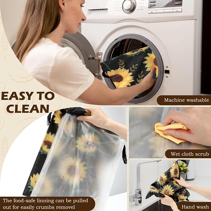 2 Pack Reusable Bread Bags for Homemade Bread, 17"×13" Sourdough Bread Storage Bags with Bowl Cover - Keep Loaf Fresh and Easy to Wash(Sunflowers)