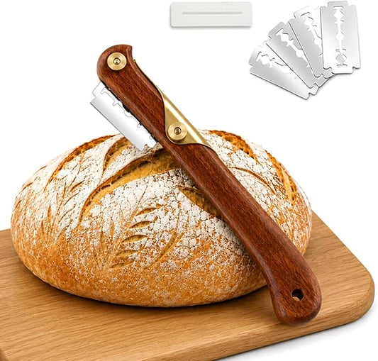 Linora Bread Lame sourdough scoring tool - Handcrafted Wooden bread scoring knife with 4 Razor Blades, scoring tool for sourdough bread baking, bread scorer blade with protective cover