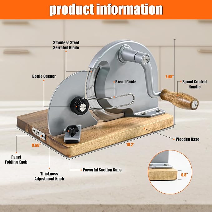 Upgraded Foldable Manual Bread Slicer,Manual Bread Slicer with Hand Crank,Adjustable Thickness,Equipped with Stainless Steel Blades,Non-Slip Base,Graduation Lines