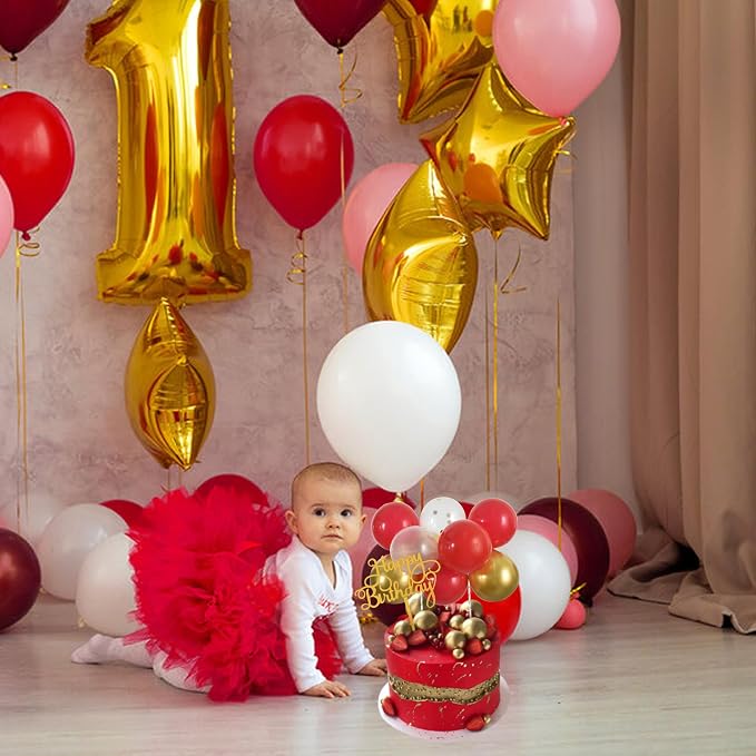 BEISHIDA Happy Birthday Cupcake Toppers - Red Gold Mini Balloon Cloud Birthday Cake Decorations for Wedding Anniversary Valentine's Day Decorations