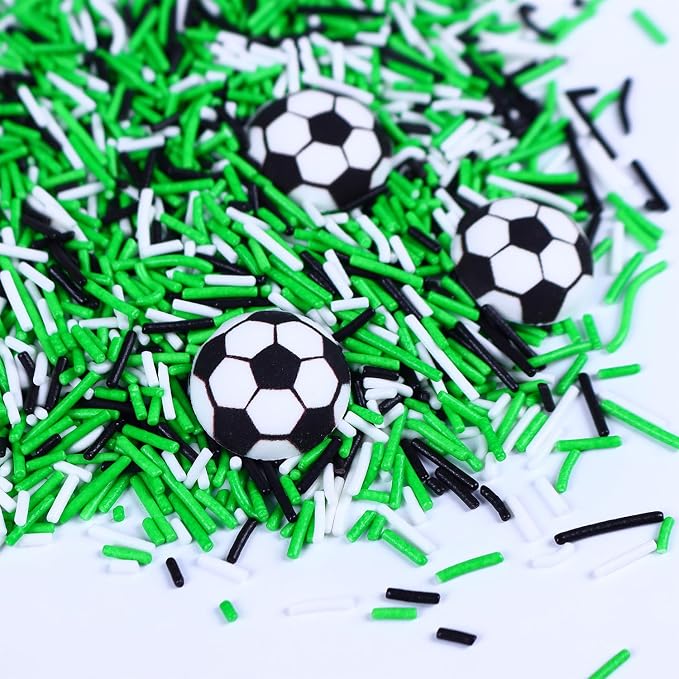 Edible Soccer Ball Cake Decorations, Black Green White Jimmies Sprinkles, 4 Pcs Soccer Cupcake Toppers, Perfect for Soccer Ball Theme, Birthdays, Baby Showers(3.5oz/100g)