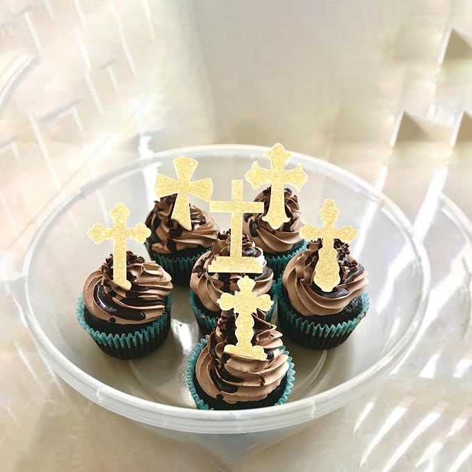60 PCS Edible Cross Cupcake Toppers Wafer Paper God Bless and Baptism Cupcake Picks Edible Christian Baptism Cross Cake Decorations for Religious Theme Baby Shower Birthday Party Supplies Gold