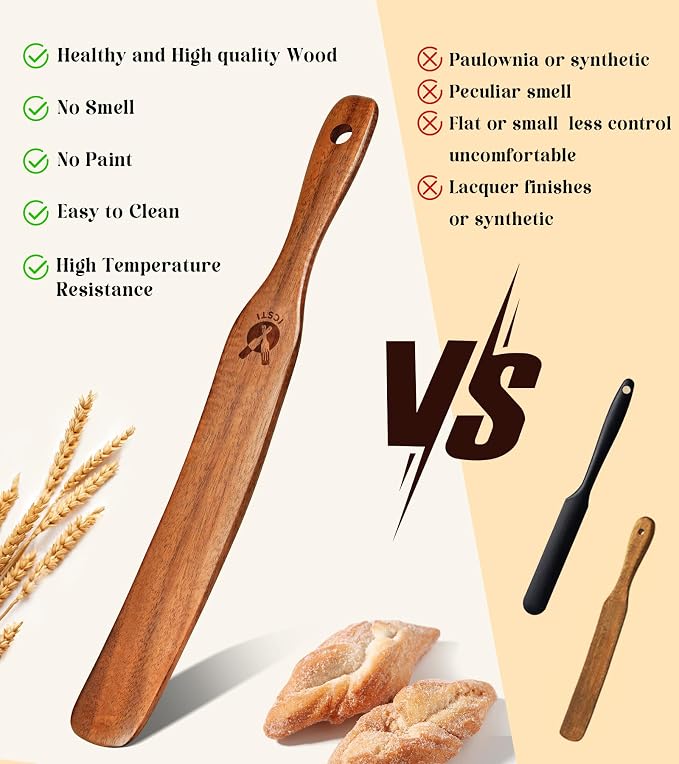 2 Pack Wooden Spurtle for Sourdough Starter, Mixing, Reaching Bottom of Jar, Dough Whisk, Natural from High Moist Resistance Teak, Spurtles Kitchen Tools Wooden Kitchen Utensils for Baking, Cooking
