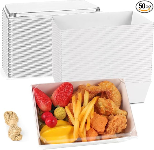 8 x 6 Inch Paper Charcuterie Boxes with Clear Lids, 50 Pack Large Disposable Food Containers, Take Out Bakery Boxes for Cake Slice, Cupcakes, Sandwiches, Cookies, Cocoa Bombs, Salads (White)