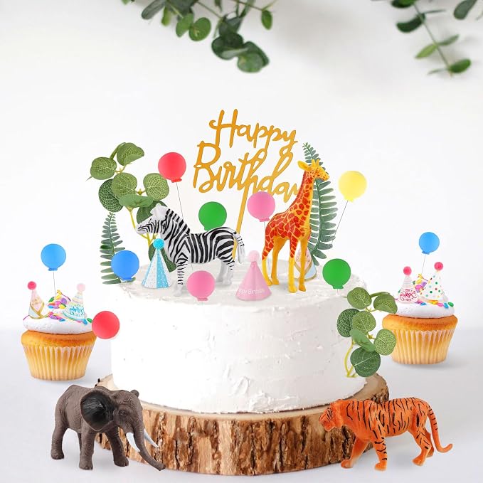 Hooqict 34 Pcs Safari Animal Cake Toppers with Mini Birthday Party Hats Party Animal Birthday Decorations Jungle Cake Decorations for Kids Wild Zoo Theme Party Decorations