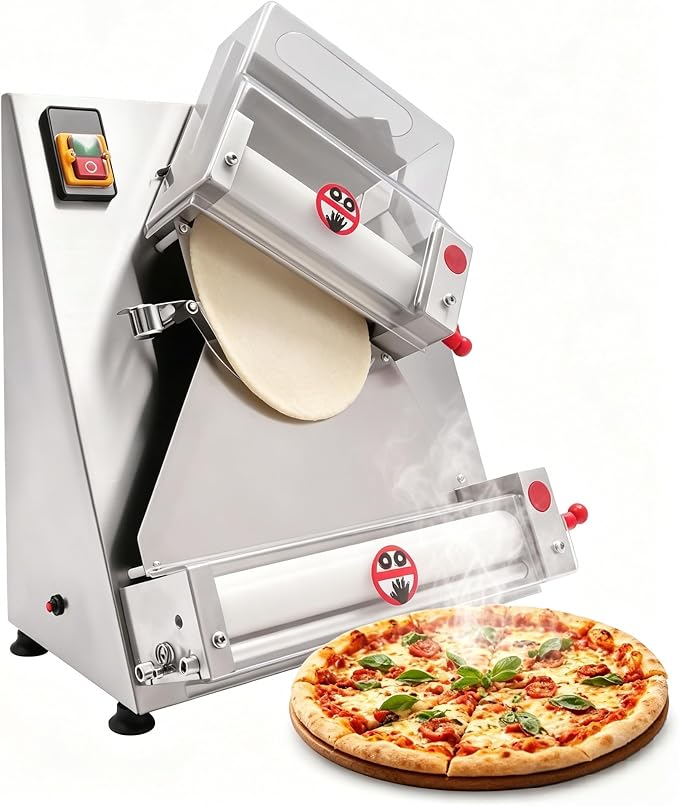 370W Pizza Dough Roller Sheeter, Dual Roller Dough Press Machine for 4-12 Inch Pizza, Adjustable Thickness 0.7-5.4mm, Automatic Pizza Maker for Commercial & Home Use, Silver