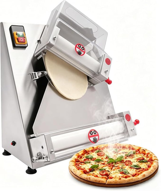 370W Pizza Dough Roller Sheeter, Dual Roller Dough Press Machine for 4-12 Inch Pizza, Adjustable Thickness 0.7-5.4mm, Automatic Pizza Maker for Commercial & Home Use, Silver