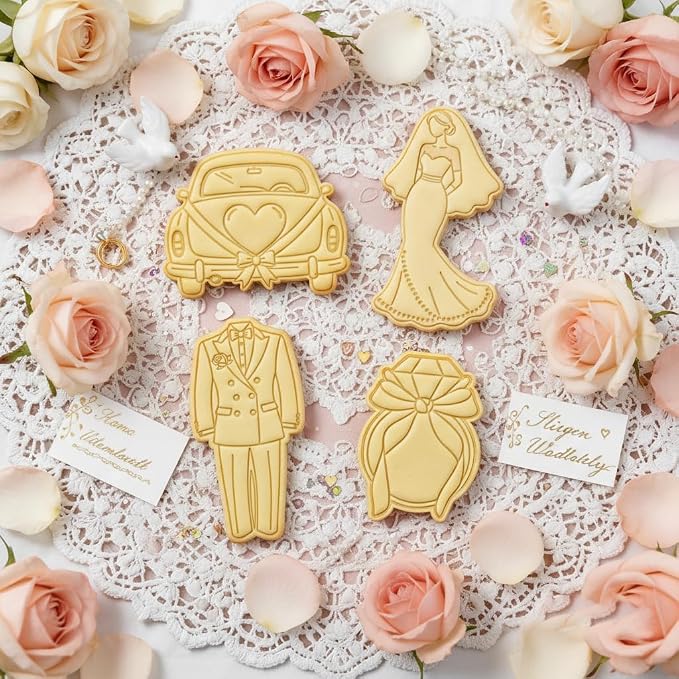 Wedding Cookie Cutters Set of 4 Ring Tuxedo Molds 3.5" with Plunger Stamps Baking Dough Tools Cake Shapes PLA Accessories for Birdesmaid Decorative Party Kitchen Supplies