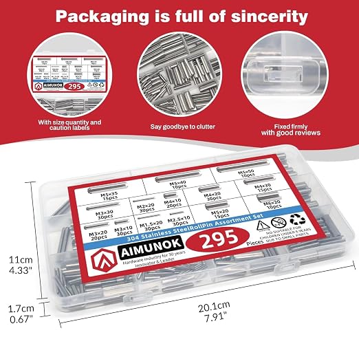 295-Piece Stainless Steel Roll Pin Assortment Kit - Spring Dowels, Slotted Tension Pins & Split Expansion Pins - M1.5 to M6 Sizes (14 Types) - Corrosion-Resistant for Secure Fastening