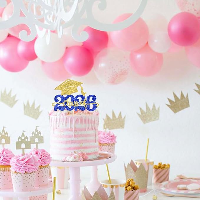 1 Pack Class of 2026 Cake Topper Glitter Congrats Grad Cap 2026 Graduation Cake Pick for 2026 Graduation Theme High School Boys Girls Graduate Party Cake Decorations Supplies Gold Blue