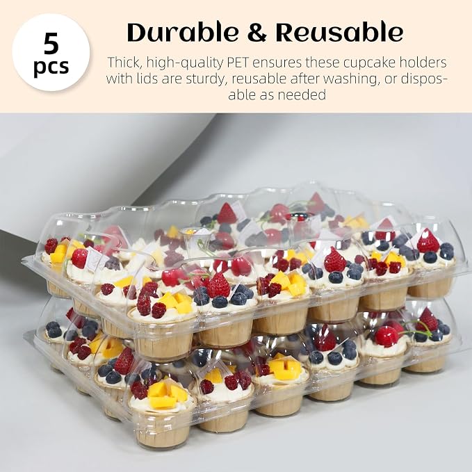WIKDAY 24 Count x 5 Sets Plastic Cupcake Containers, Durable and BPA-Free Cupcake Holder with Lid for Easy Transport Storage, Stackable Clear Cupcake Carriers, Reusable Dessert Boxes