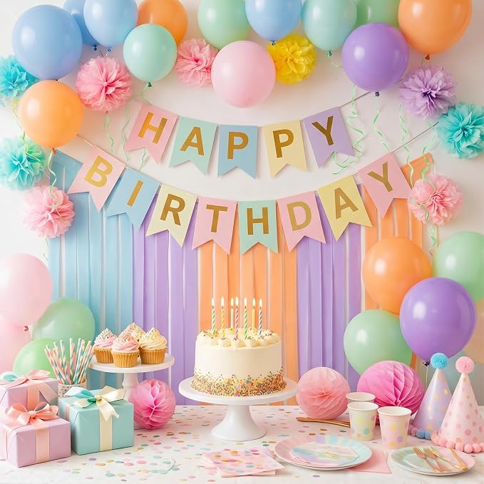 132 Pcs Pastel Birthday Party Balloons Decor with 197ft Crepe Paper Streamers Kits Rainbow Macaron Assorted Color Balloon Arch for Baby Shower Gender Reveal Ice Cream Party Wedding Unicorn