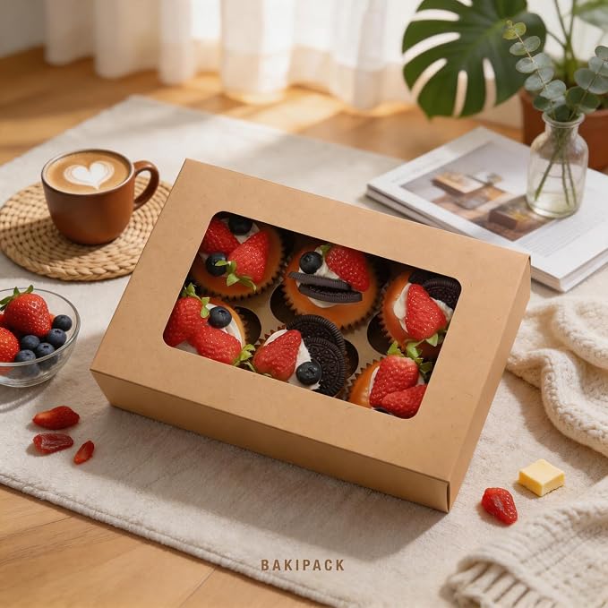 25 Cupcake Boxes, Kraft Cupcake Boxes 6 Count with Window and Inserts, Cupcake Holders for Cupcakes, Muffins, Cookies, Pastries
