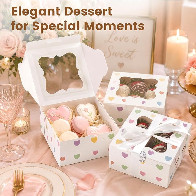 OAMCEG 50 Pack Cookie Boxes with Window, 6x6x3 Inch White Bakery Boxes for Desserts, Donuts,Cookies, Heart-shape Take-out Treat Boxes for Party & Wedding, Gifts