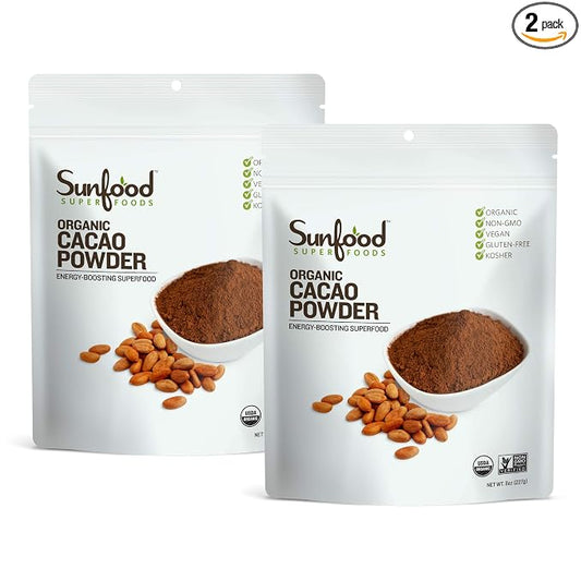 Sunfood Superfoods Cacao Powder Organic - Pure Raw Chocolate Powder for Baking, Rich & Unsweetened, Certified USDA Organic, Non-GMO, Vegan, Gluten Free, Earth Kosher - 8 oz Bag (Pack of 2)