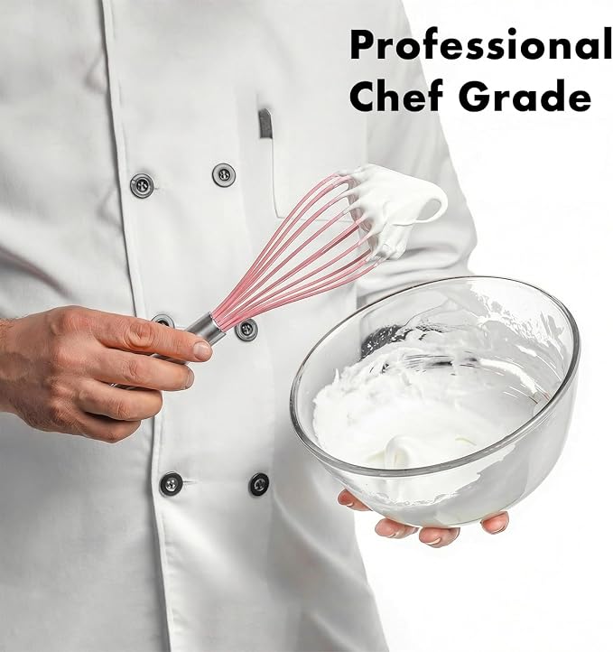 OYV 10-Inch Pink Silicone Whisk, Heat Resistant 480°F Kitchen Whisk with Stainless Steel Ergonomic Handle, Non-Scratch for Nonstick Cookware, Dishwasher Safe, Perfect for Blending, Cooking & Beating