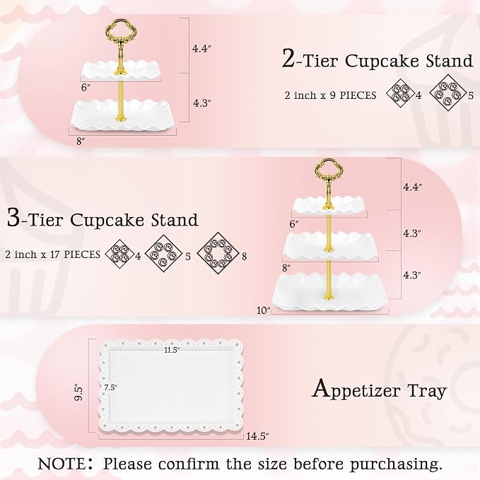 NWK 5 Piece Cake Stand Set with 2 x 3-Tier Cupcake Stands, 1 x2-Tier Cupcake Stands, 2 x Appetizer Trays, for Wedding Birthday Baby Shower Tea Party Decorations (5, Gold, Square)