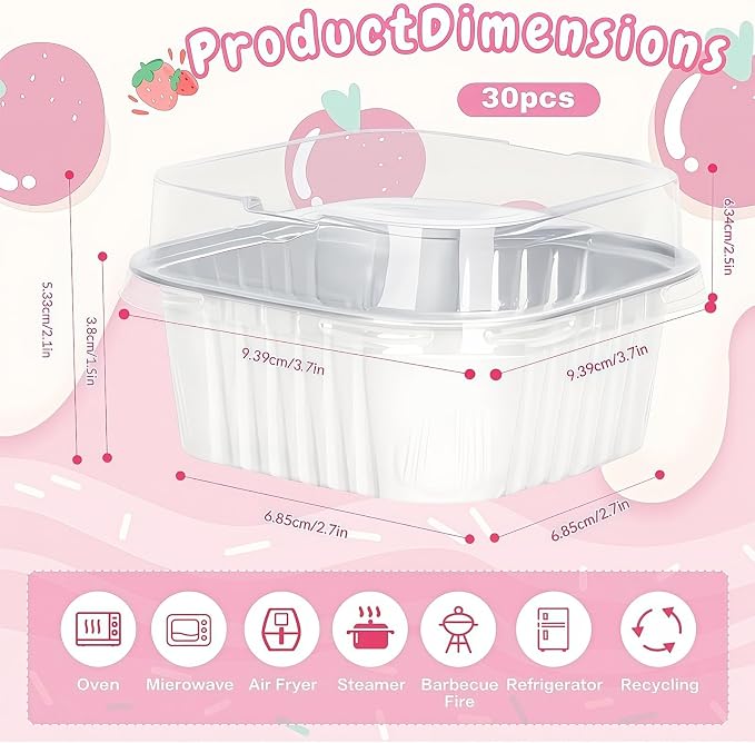 30Pack 5oz White Mini Cake Pans with Lids Baking Cups Aluminum Foil Pans Tins, Individual Dessert Cups Containers for Sales,Party,Picnics