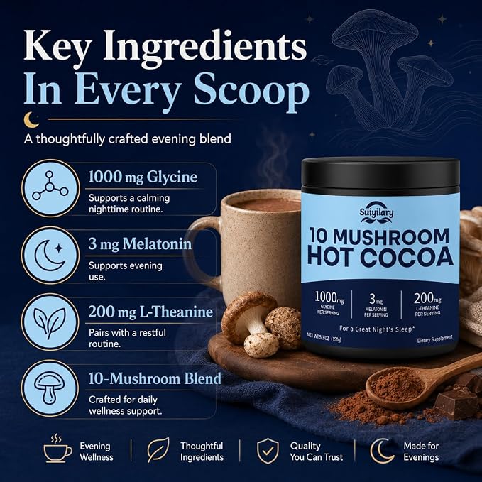 Suiyilary 10 Mushroom Hot Cocoa, 3mg Melatonin Sleep Supplement, Sugar Free Keto Cocoa Powder, Nighttime Drink, 1000mg Glycine, 200mg L-Theanine, Help Fall Asleep and Stay Asleep, 15 Servings