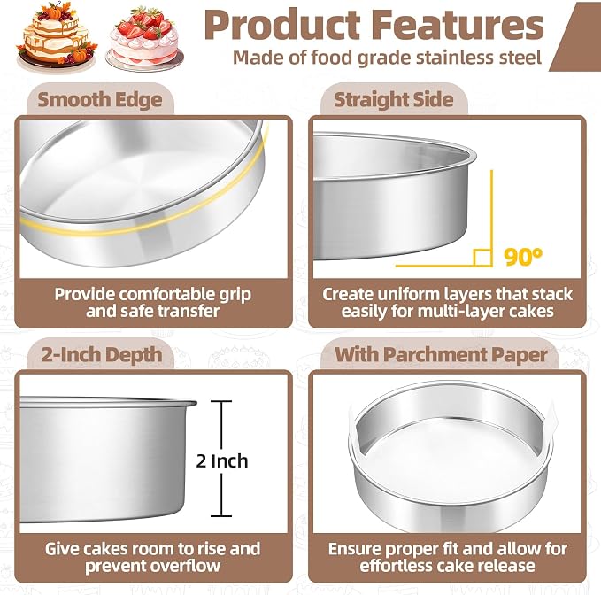 TeamFar 8 Inch Cake Pan Set of 2, Stainless Steel Layer Cake Baking Pans Tins with 90 Pcs Parchment Paper, Round Bakeware for Birthday Wedding, Non-Toxic & Healthy, Mirror Finish & Dishwasher Safe