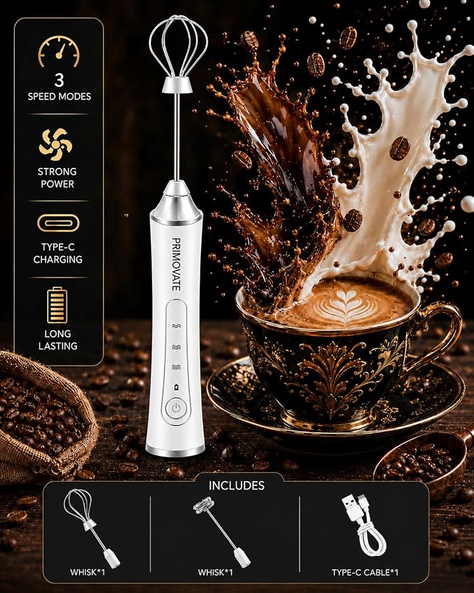 Rechargeable Milk Frother Handheld, Electric Coffee Frother with 2 Whisk, 3-Speed Powerful Drink Mixer, USB-C, Milk Foamer for Coffee, Latte, Cappuccino,Matcha & HotChocolate(White no Stand)