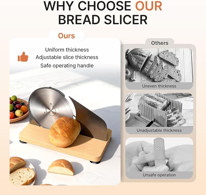 Manual Bread Slicer for Homemade Sourdough, Adjustable Thickness,Hand Crank Bread Cutter with Stainless Steel Blade Slicing Guide, Scale Line Suction Cups & Solid Wood Base