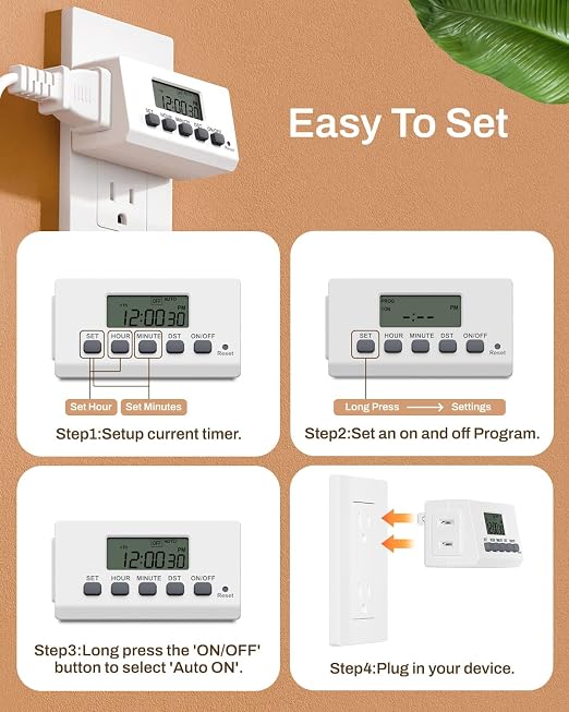 BN-LINK Indoor Digital Timer Outlet,24 Hour Light Timer Easy Programmable,Mini 2 Prong Plug in Timers for Electrical Outlets,Lamps,Fans,2 On/Off Programs,2 Pack,15A/1875W, ETL Listed, 4 Pack