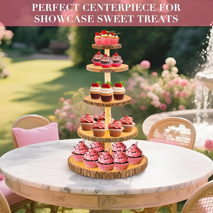 Wooden 5-Tier Rustic Cupcake Stand for Wedding Cakes, Tiered Dessert Tower Display Centerpiece for Parties, Events & Celebrations