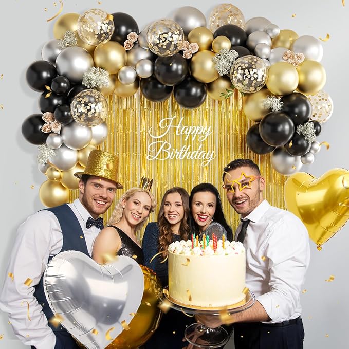 157Pcs Black Gold Silver Balloons Garland Arch Kit with Gold Fringe Curtain for New Year’s Eve Graduation Birthday Black Tie Gala Anniversary Wedding Party Decorations