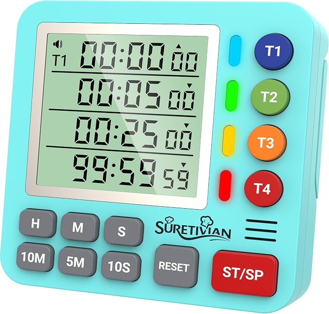 Digital Kitchen Timer for Cooking - 4 Channel Count Up Countdown Timer with Loud Alarm and Silent Mode, Large Display, Magnetic Back, Auto Memory for Classroom Study Gym, Battery Included (Mint Green)