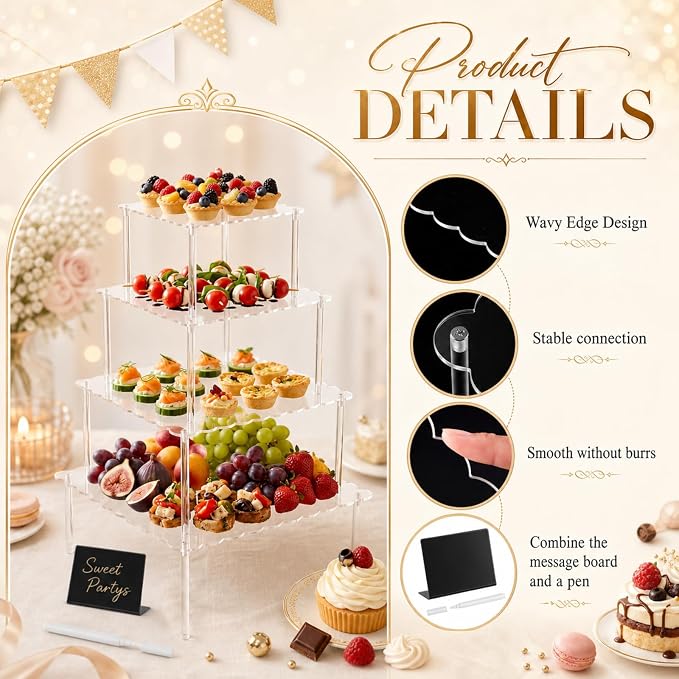 Mifoci 4 Tier Acrylic Cake Display Stand with Scalloped Square Edge 6, 8, 10, 12" Clear Tiered Cupcake Holder Tray with Message Board and Marker for Wedding, Birthday Party, Dessert Table