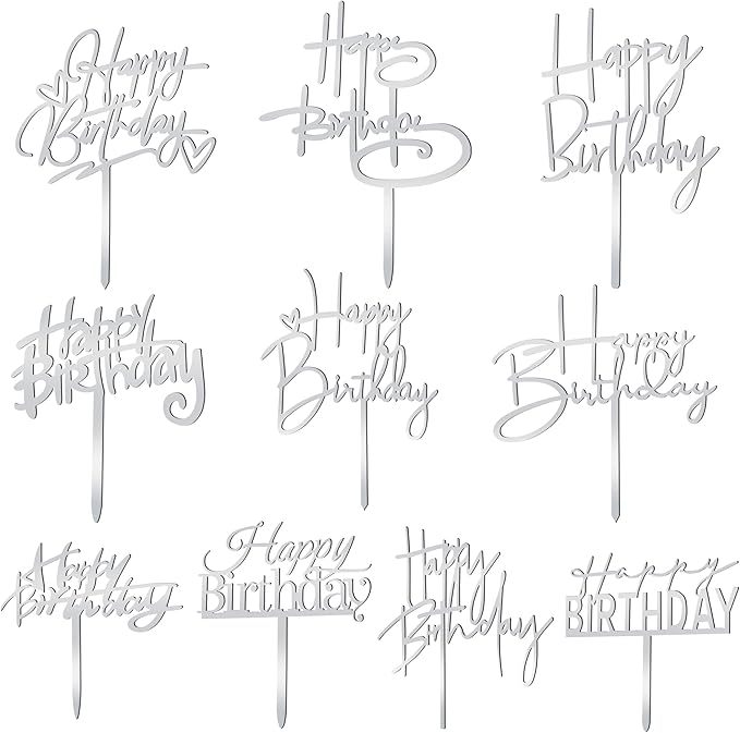 10 PCS Silver Happy Birthday Cake Topper Acrylic Cupcake Topper Birthday Supplies Decorations