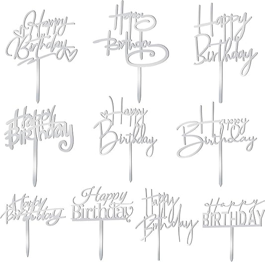 10 PCS Silver Happy Birthday Cake Topper Acrylic Cupcake Topper Birthday Supplies Decorations