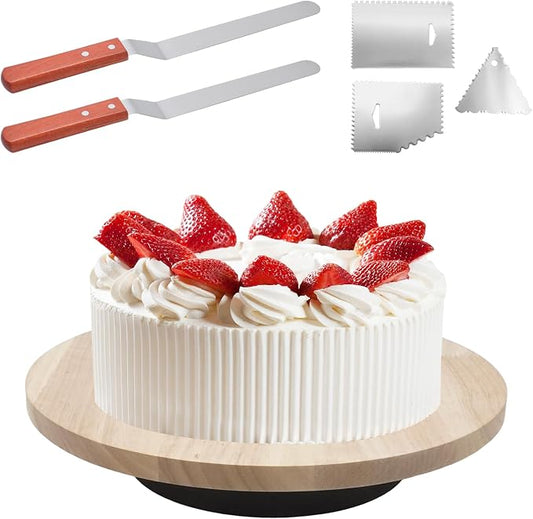 12 Inch Acacia Wood Revolving Cake Stand with 5 Baking Tools, 360° Rotating Turntable for Cake Decorating, Includes 2 Spatulas + 3 Smoothers for Cakes Cupcakes Decorations, Birthday & Wedding
