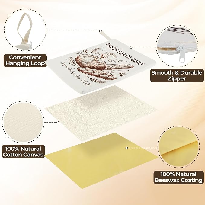 2 Pack Beeswax Sourdough Bread Bags, Reusable Storage Bags with L-Shaped Zipper, 13" x 16.7" Extra Large Bread Bags for Homemade Bread, Keep Fresh Longer