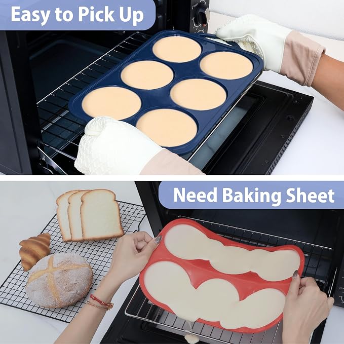 4 Inch Jumbo Silicone Muffin Top Pan with Metal Frame, Non Stick Silicone Egg Mold for Oven, Large Whoopie Pie Baking Pan with Handle for English Breakfast Sandwich, Egg Bite, Bun Tart, Grey
