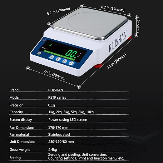 Large Range Postal Scale 10kg x 0.1g Precision Lab Balance - Grain/Gram Scientific Scale Calibrated Industrial Laboratory Weighing and Counting Table Top