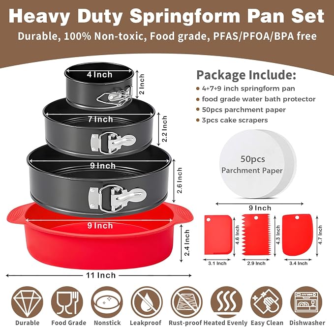 Nonstick 4 7 9 Inch Springform Pan Cheesecake Pan with Protector | Leakproof Spring Form Pan for Cheesecake, Spring Cheese Cake Pans for Baking with Removable Bottom and 50Pcs Parchment Paper