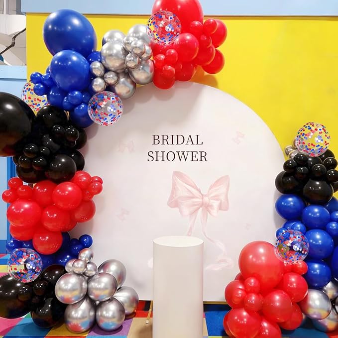 Red Black Blue Silver Balloons Garland Arch Kit, 167Pcs Latex Balloons Different Sizes 18 12 10 5 inch for Birthday Graduation Baby Shower Spider Theme Party Decorations