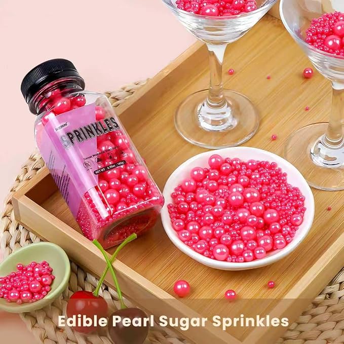 Pink Pearl Sprinkles for Cake Decorating, Edible Pink Sugar Pearl Sprinkles, Cake Decorations, Cupcake Toppers, Ice Cream, Wedding Party Birthday Supplies, 180g/6.35oz