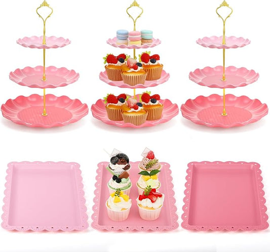 FoldTier 6 Pack Cupcake Stand Set 3 Pcs 3 Tier Gradient Dessert Table Display Stands Cookie Tray Rack 3 X14 in Rectangle Party Trays for Wedding Birthday Tea Party Baby Shower (Pink,Round)